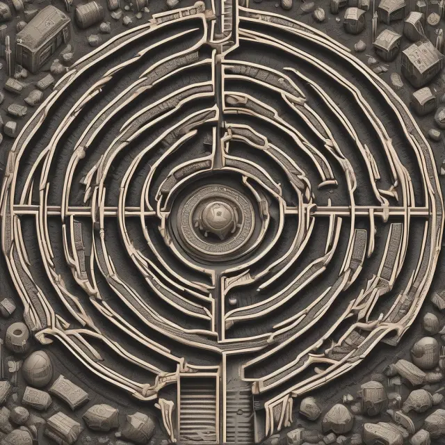 Imagery of a complex maze adorned with penny stock symbols, where investors navigate for potential gains with the help of trustworthy brokers.
