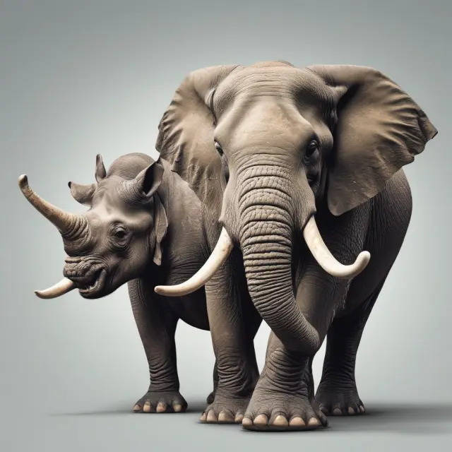 An elephant, representing pension plans with their steady, predictable nature, clashes against a rhinoceros symbolizing 401(k)s with their agility and personalized investment control.