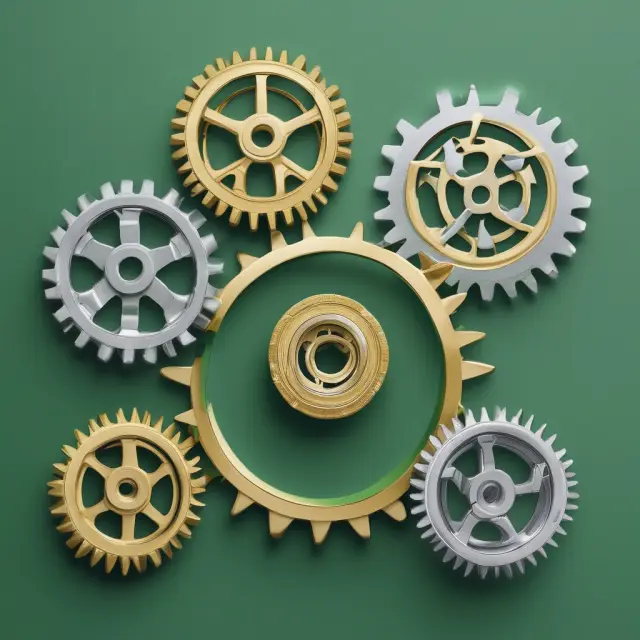 Three interconnected gears symbolizing Luxembourg, Ireland, and Switzerland represent countries with high GDP per capita due to industrialization.
