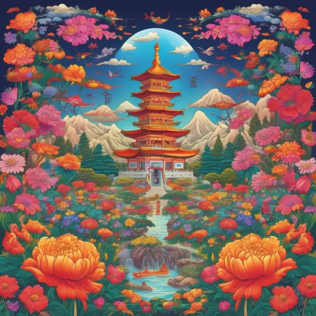 A lush garden filled with ten vibrant, blooming flowers representing the top 10 countries with the highest GDP per capita in 2023