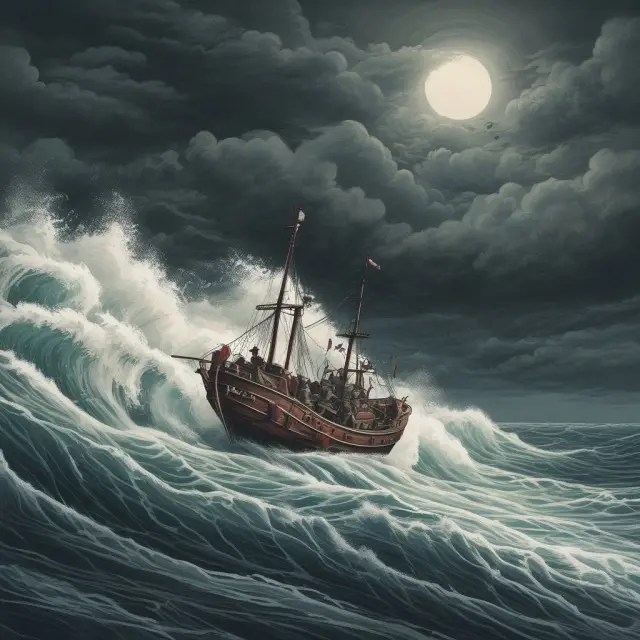 Ten fragile boats symbolizing low GDP per capita countries navigate stormy seas while seeking assistance from an aiding global lighthouse