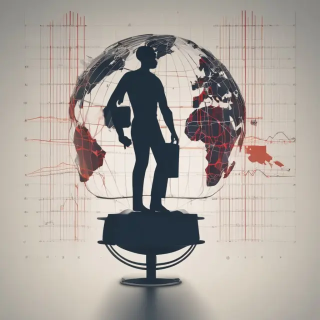 A globe illustrates the interconnected global economic landscape with each country represented by a person on a bar chart, highlighting their respective per capita GDPs