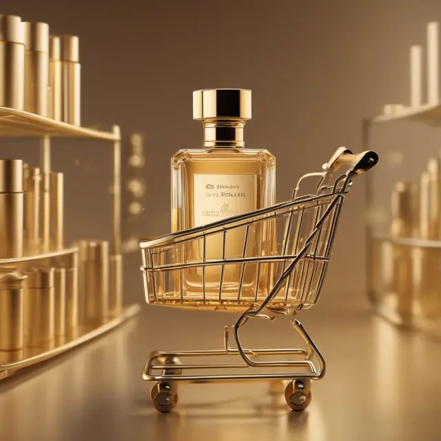 Golden brand logo on a luxury perfume bottle contrasted with a simple cart from a discount store - illustrating the power of perceived value in branding.