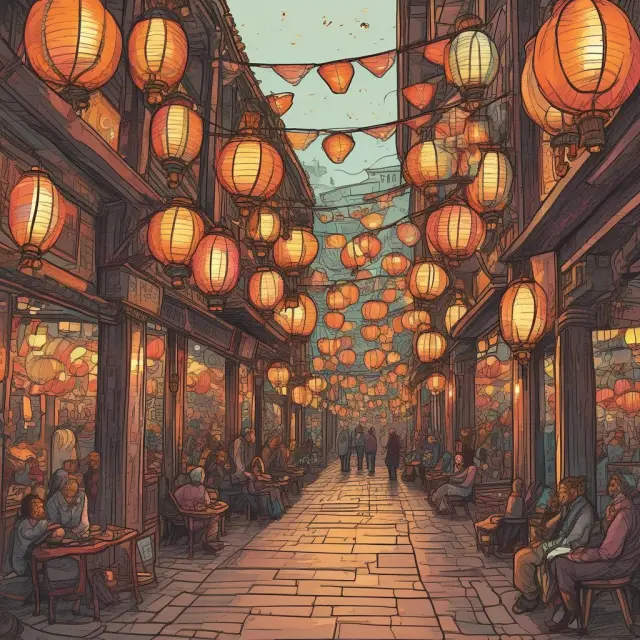 A series of lanterns shedding light on the concept of perceived value in marketing and economics, with question marks guiding the way