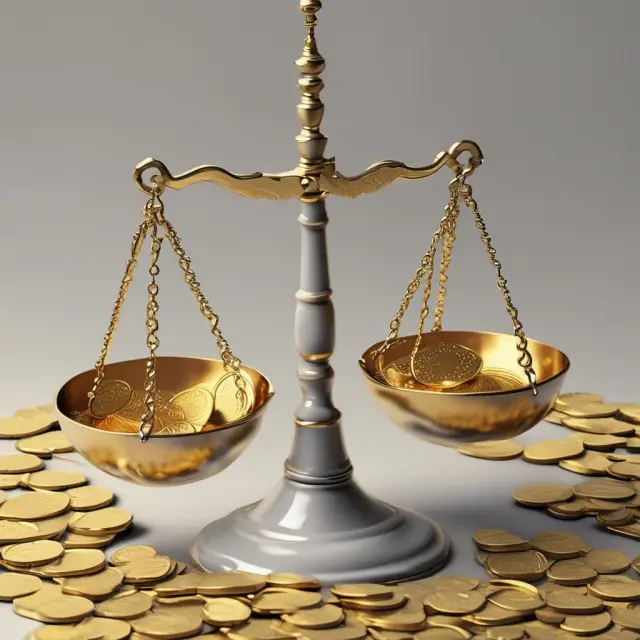 Golden scales tipping upwards with coins representing increased assets or liabilities from one period to the next on a balance sheet