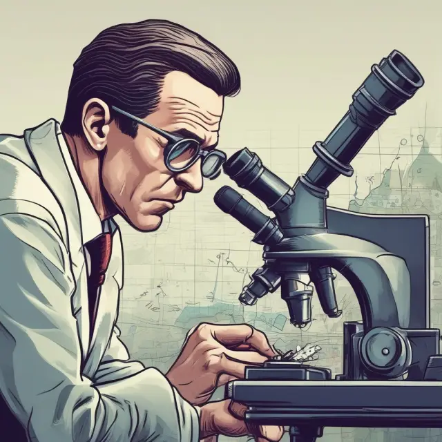 An investor examining financial growth under a microscope, flowers expanding or contracting based on percentage change