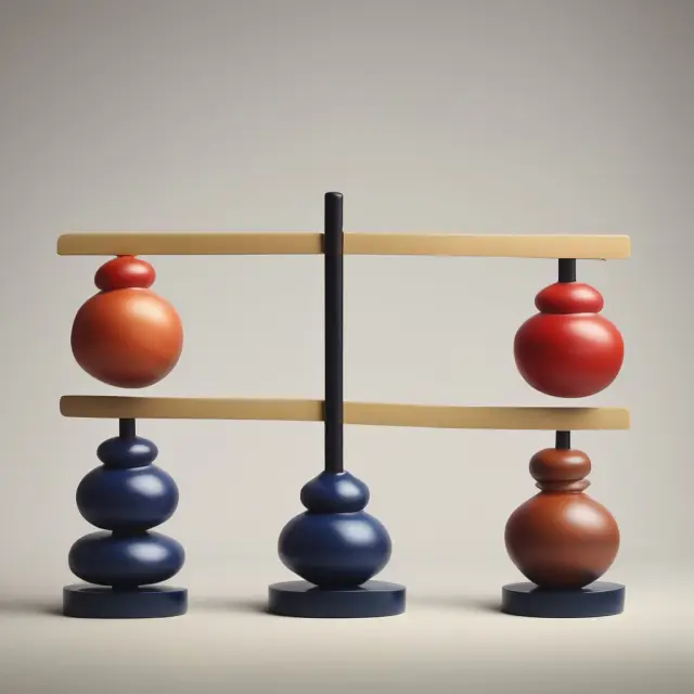 Six scales balanced with identical weights in a market setting, representing the homogeneous nature of goods under perfect competition