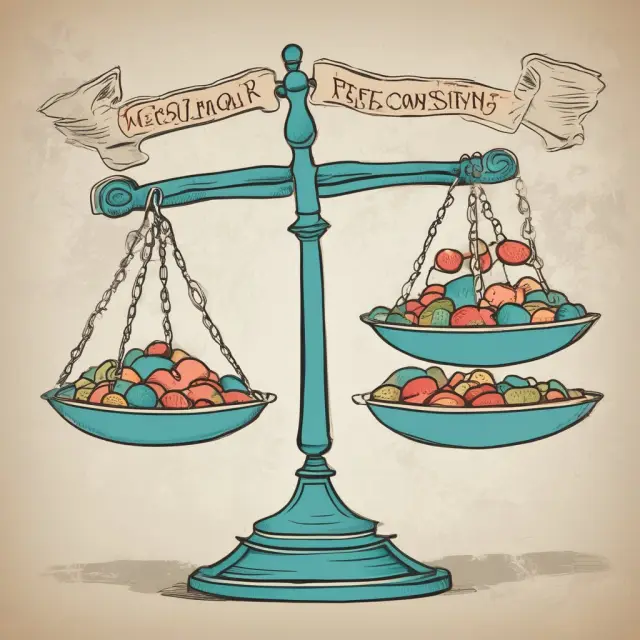 Fish representing consumers swim in a sea, while firms symbolized by scales tip towards them, maximizing consumer surplus and resource allocation efficiency