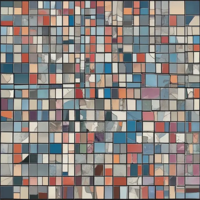 An intricate mosaic representing real-world market deviations from perfect competition, with distinct tiles symbolizing differentiation, information asymmetry, and transaction costs