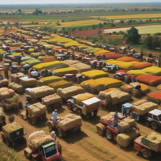 Farmers offering crops, and traders exchanging financial securities in a bustling marketplace, symbolizing real-world examples of perfect competition in agriculture and finance