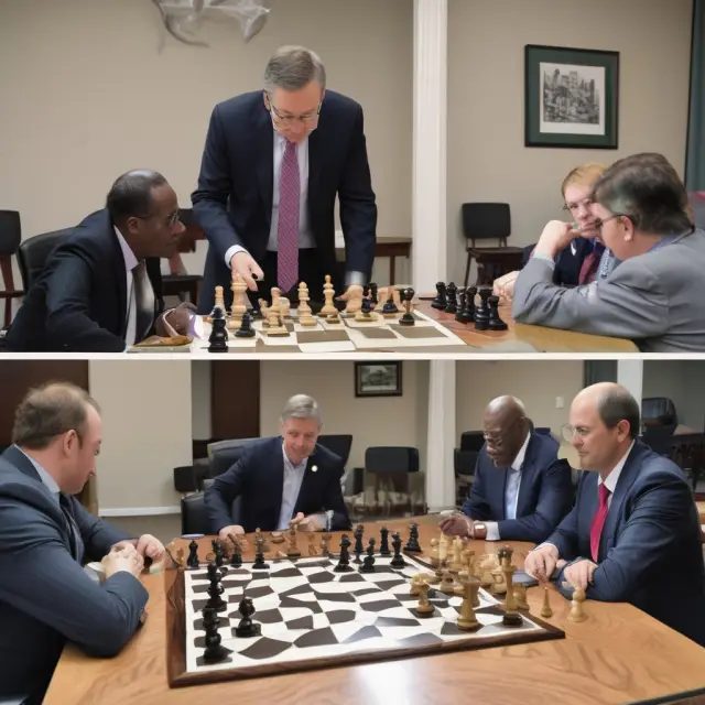 Budget committee members and agency heads engaging in a metaphorical chess game to set agreed-upon performance budget objectives