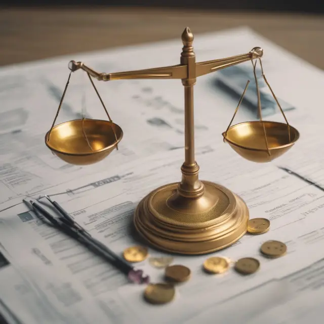 A golden scale holds student test scores, public health reports, clean water droplets, and crime rate graphs to symbolize the balancing of resources with measurable outcomes in performance budgeting.