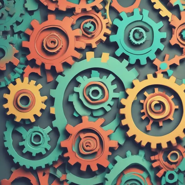 A set of five interconnected gears representing alignment, outcomes, expectations, development plans, and regular communication in performance management