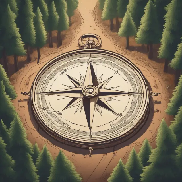 Compass symbolizing goal direction, employees navigating forest path dotted with objective milestones