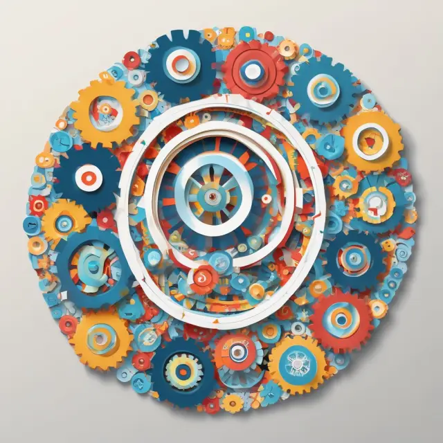 Mosaic of interconnected gears symbolizing employees contributing to the organizational progress through effective performance management.