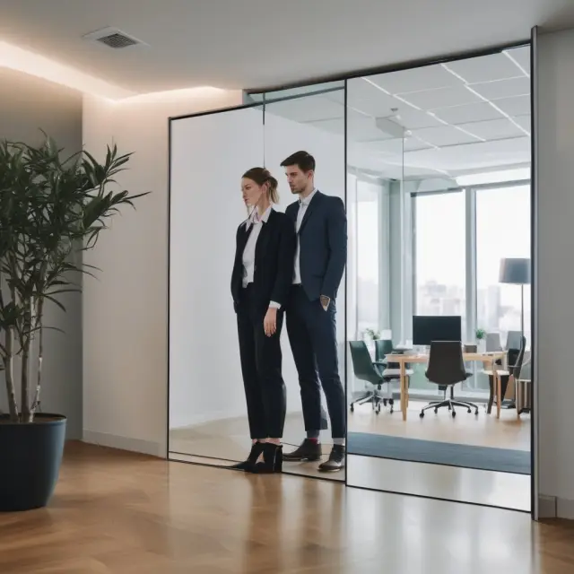 An employee and manager facing each other in front of a large mirror, symbolizing open communication and fairness in performance management