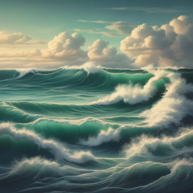 A peaceful financial ocean with interest waves representing grace periods and revolving loans, ebbing and flowing around a borrower, as daily periodic rates determine their impact.