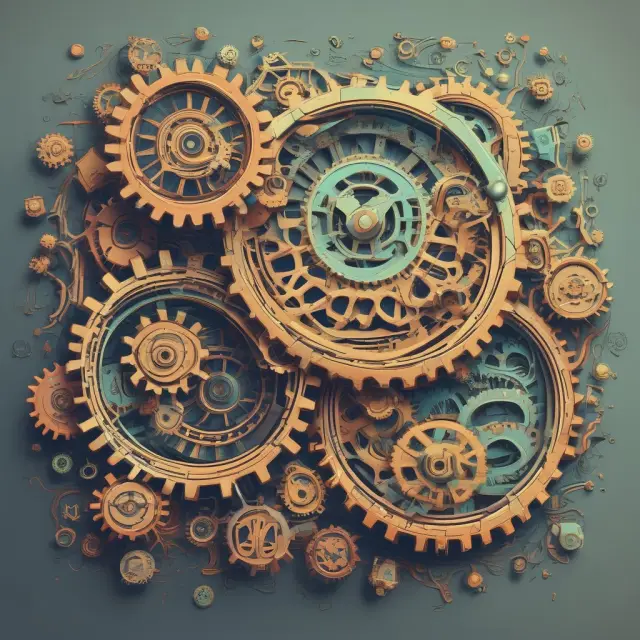 Scales symbolizing investments (upward) and borrowing (downward), with gears turning at different frequencies to illustrate varying compounding periods