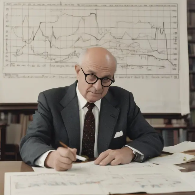 Milton Friedman pondering the Permanent Income Hypothesis amidst graphs representing consumer spending and long-term income expectations