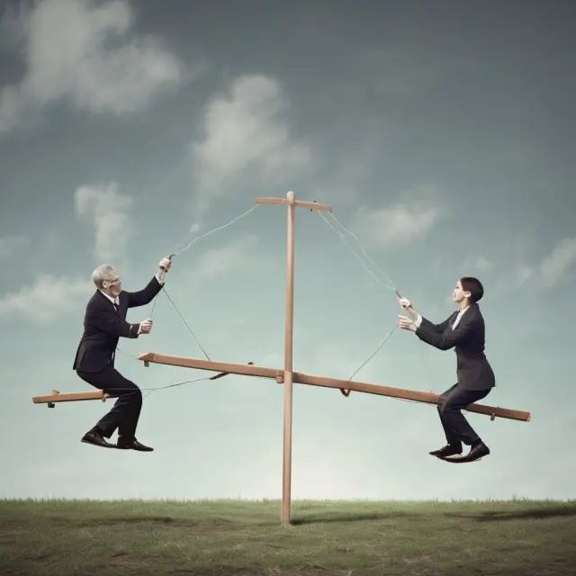 Two economists seated on opposite ends of a seesaw, symbolizing the debate between the Permanent Income Hypothesis and Keynesian economics regarding consumer spending behavior