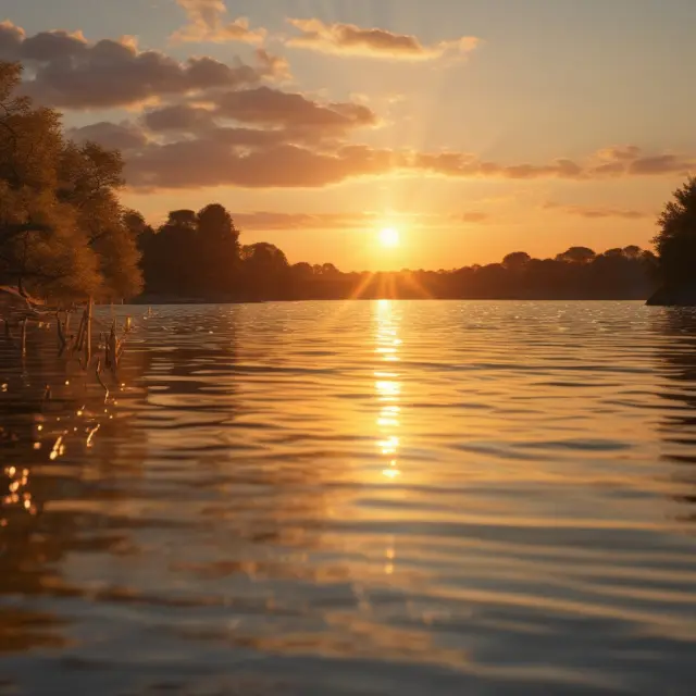 A golden sun setting over a serene lake filled with coins, bills, and other liquid assets, symbolizing the importance of long-term financial planning.