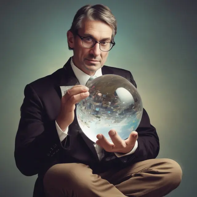 Individual examining future income streams using a crystal ball, symbolizing long-term expectations and economic fluctuations.