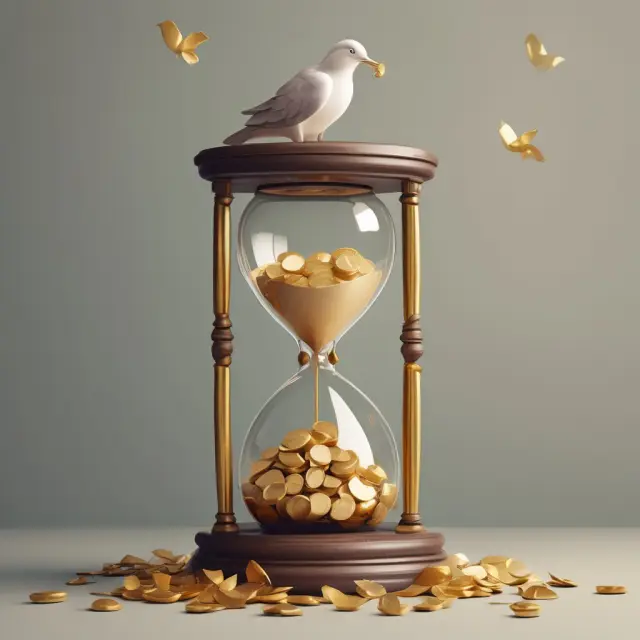 Golden hourglass releasing coins to a savings bowl, with a dove releasing a golden ribbon signifying the death benefit in a permanent life insurance policy.