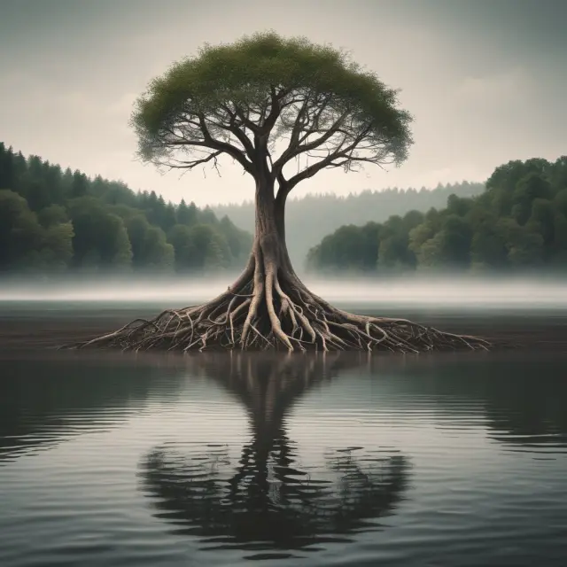 Image of a sturdy tree symbolizing a perpetual bond, its roots reaching into an endless river signifying present value calculations and discount rates.