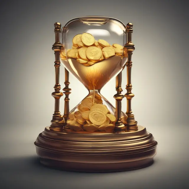 A government official placing a golden coin representing perpetual bonds into an hourglass, signifying their continuous issuance.
