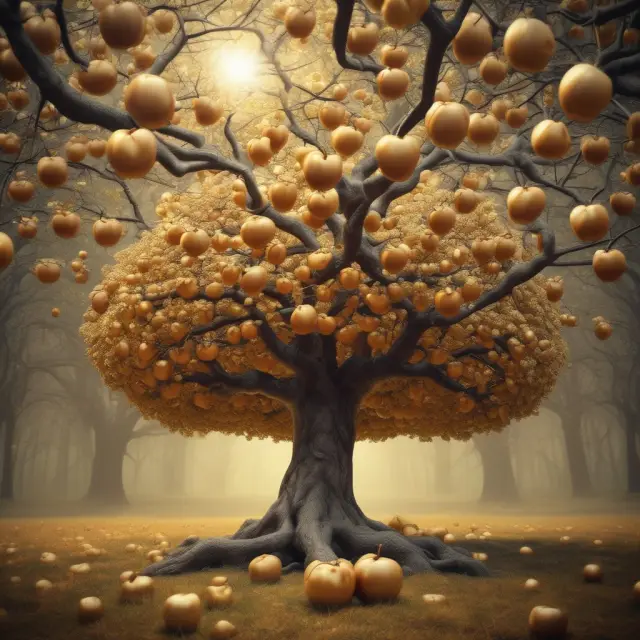 A golden apple tree providing endless interest payments in the midst of various fixed income securities: stocks, traditional bonds, and inflation-indexed bonds