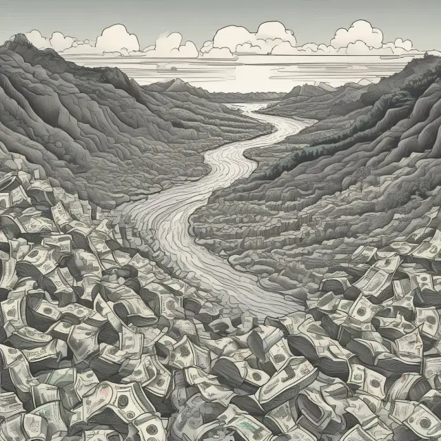An eternal river representing the constant cash flows merging with dynamic discount rates to determine perpetuity value.