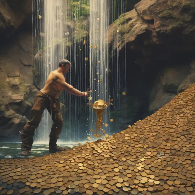 An endless waterfall of golden coins, representing cash flows in a perpetuity, with a diver testing each coin