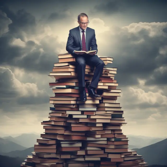 Personal Financial Specialist studying on mountains of books to stay updated on industry trends