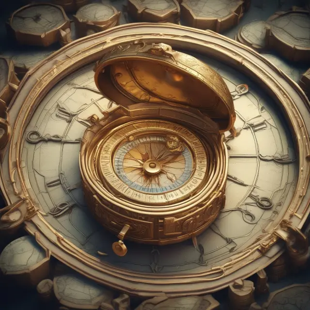 Personal Financial Specialist (PFS) exploring a gold-filled landscape, following a golden compass towards a treasure chest representing career growth and financial success
