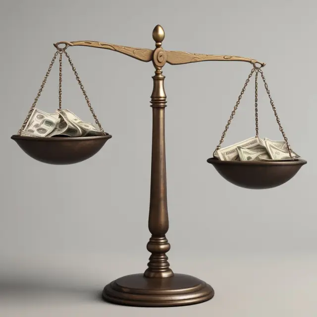 Scale weighing assets (money, real estate) against liabilities (debts)