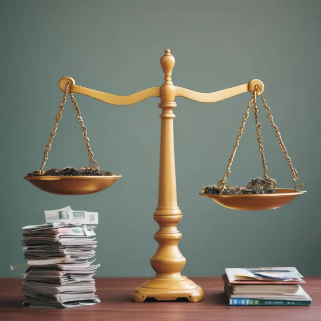 An individual balancing a scale with weights representing business assets and liabilities, personal property, and income and expenses