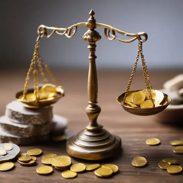 A balanced scale displaying personal financial statement details: assets as gold coins, debt represented by pebbles; a lender scrutinizing the document
