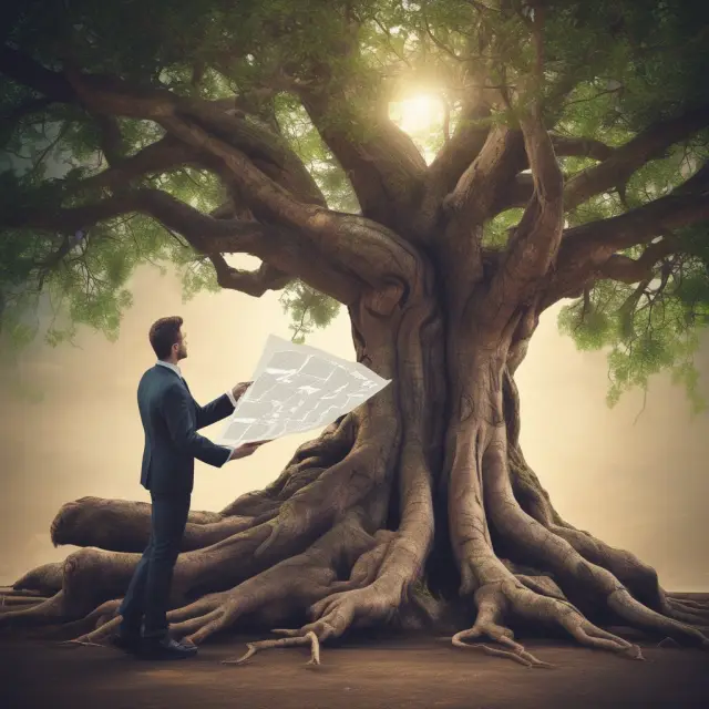 A business owner putting pen to paper on a personal guarantee document at the foot of an ancient, financially symbolic tree