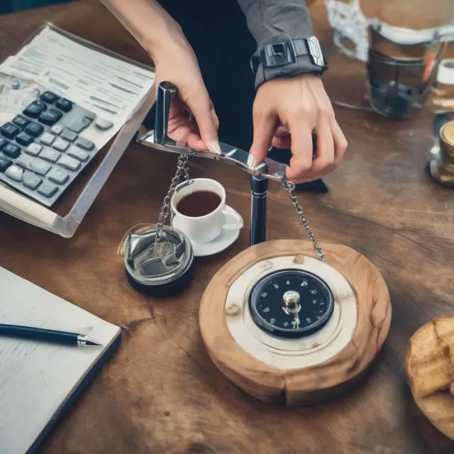 A business owner ponders over personal guarantees with a scale, considering potential risks to their assets and credit profile.
