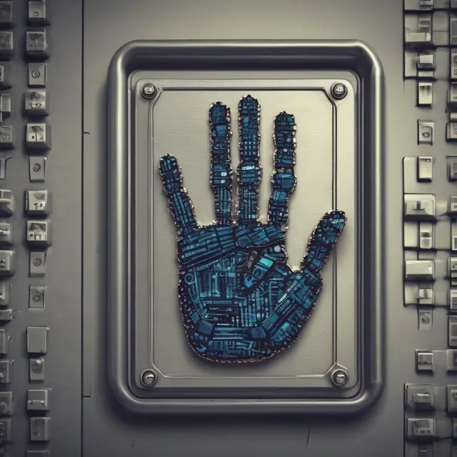 An image of a biometric handprint merging with a digital keypad, representing the integration of biometric authentication and traditional PINs in financial transactions