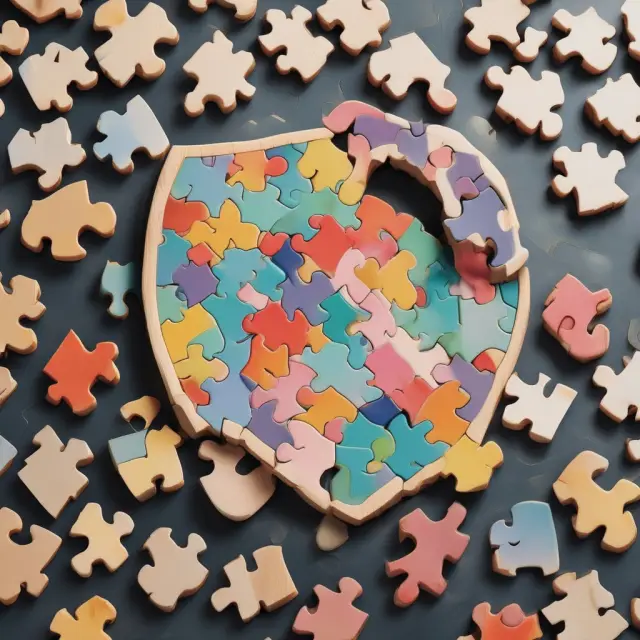 A protective shield formed by interconnected puzzle pieces signifying personal lines insurance policies guarding against various risks