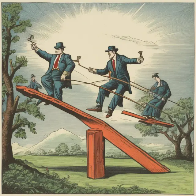 Employees holding hats and stock certificates on a see-saw, representing employment status and stock ownership in the context of the IRS