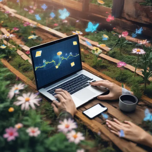 An image of a vibrant garden teeming with technological innovations like budgeting apps, investment platforms, AI, and digital banking solutions