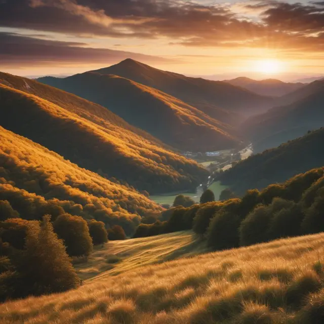 A golden sun setting behind a mountain range, with each peak representing a retirement planning strategy