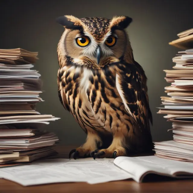 An owl, symbolizing wisdom, examines tax documents and optimizes investment portfolios using retirement accounts and tax-loss harvesting strategies