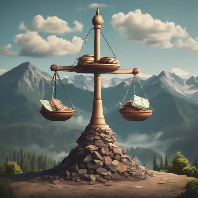 Image of scales with personal income represented by smaller weights balanced on top of a larger mountain, symbolizing the relationship between GNI and Personal Income