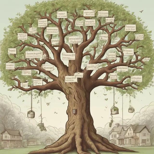 Family tree branches receiving equal shares from an inheritance pot, symbolizing per stirpes distribution in estate planning