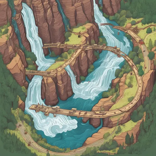 Visualization of PERT charts as a river of tasks converging onto a waterfall, representing project progress, with interconnected tasks forming bridges for effective communication.