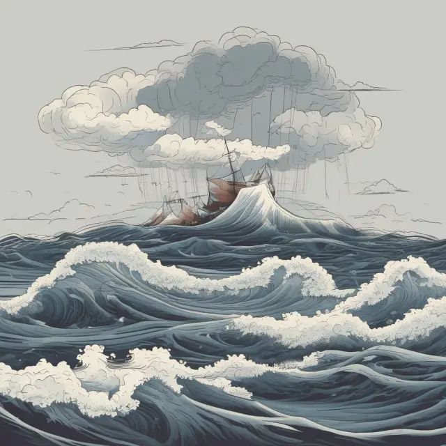 Three PERT charts floating in a stormy sea with differing durations and estimates. Reveals the importance of continual review for accurate project predictions.