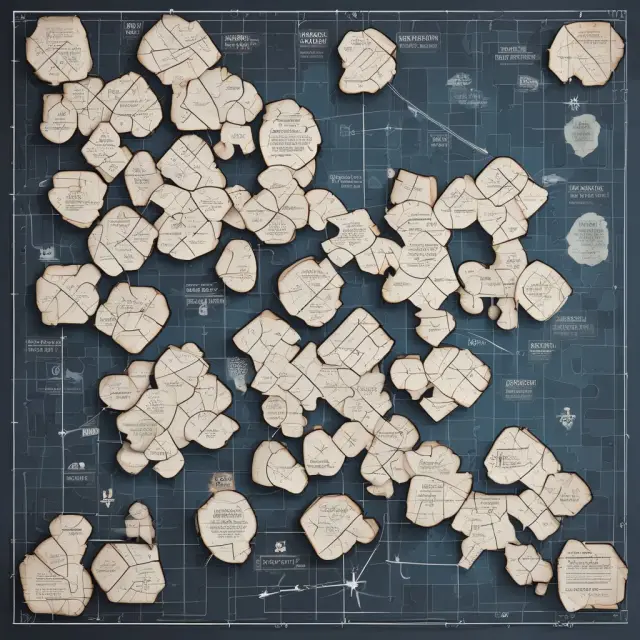 A visual representation of a PERT chart as an intricate jigsaw puzzle, symbolizing the connection between key deliverables and their related tasks.